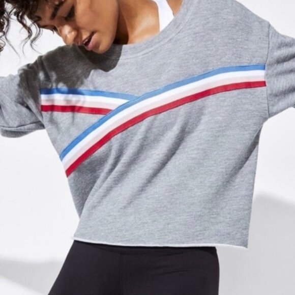Peloton Women’s Size M Tape Stripe Long Sleeve Crop Pullover Sweatshirt Gray - Picture 1 of 8